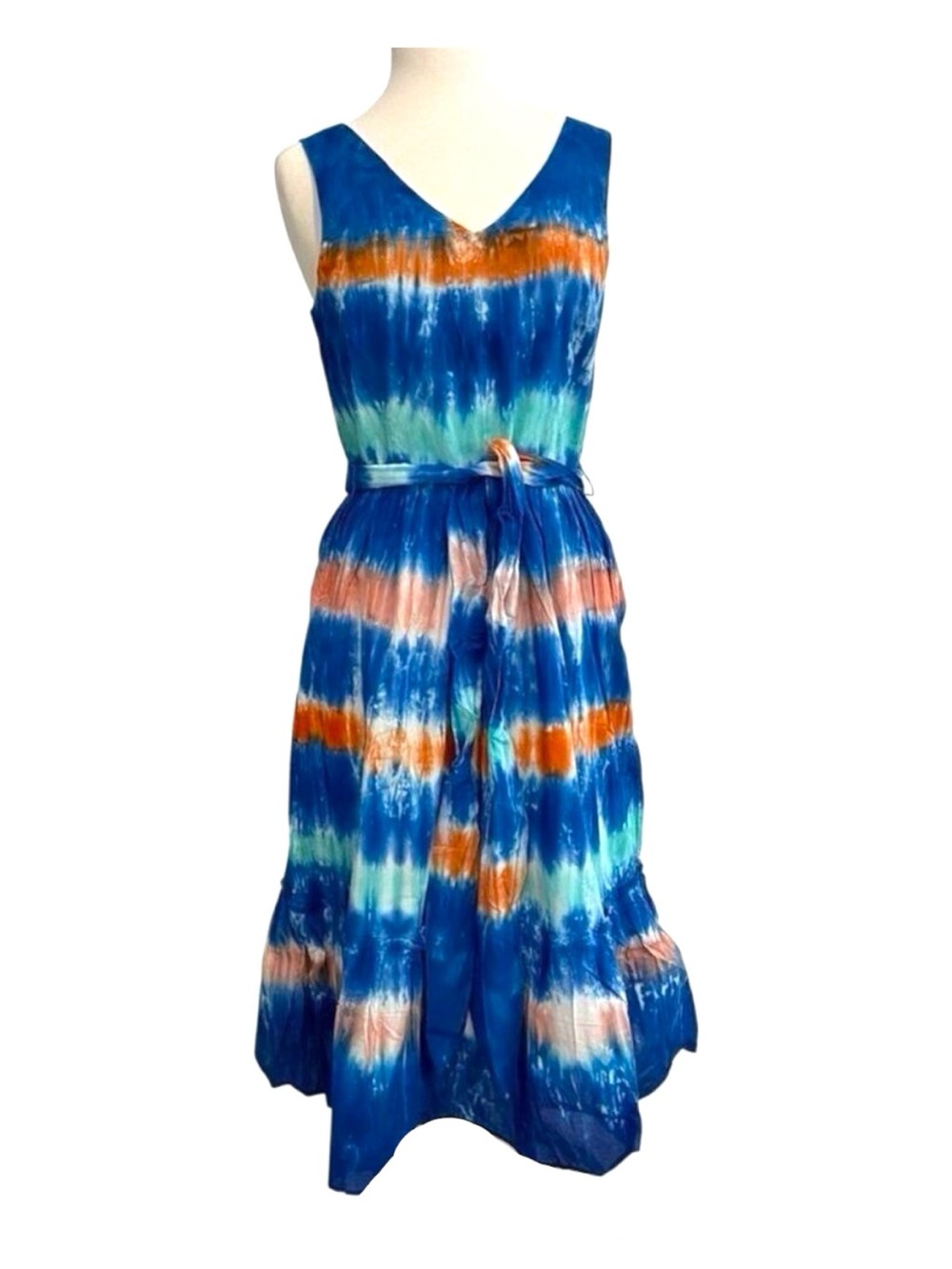 Hatley Sidney midi dress NWOT woven Vneckline sleeveless blue tie dye belt large